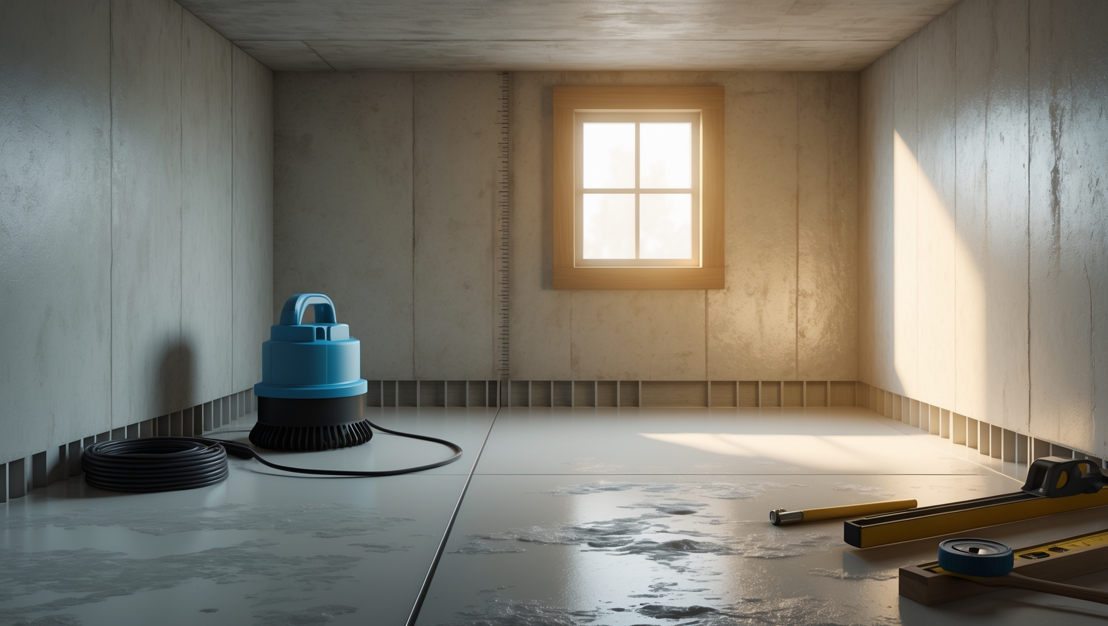 Illustration of Krud Cut Basement Waterproofing Process